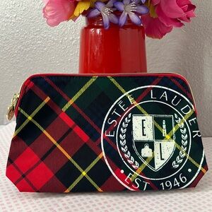 Estee Lauder Zipper Cosmetic Makeup Bag Plaid Red Green Yellow Blue Pattern New